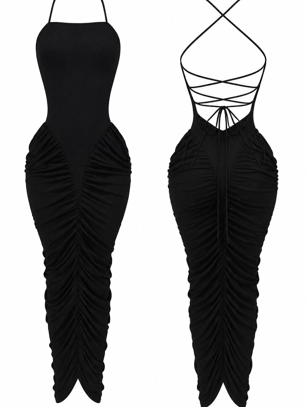 Women's Black Backless Ruched Halter Midi Dress
